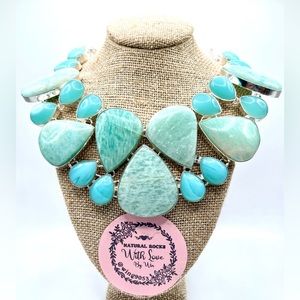 Amazonite Stone & Blue Green Chalcedony Necklace 18”-19” Adjustable